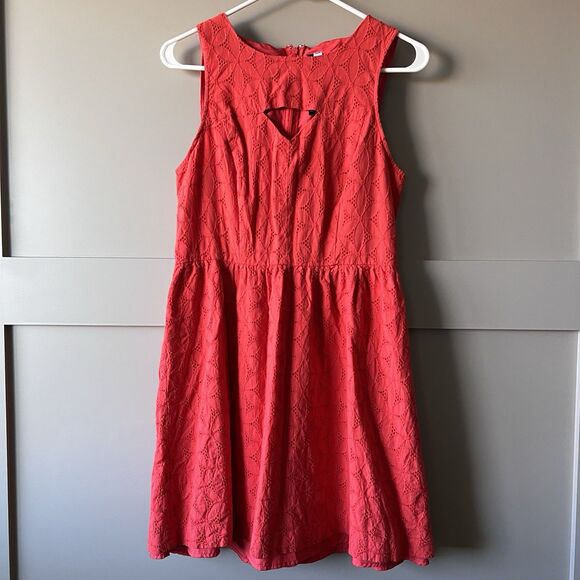 Kensie Eyelet Fit and Flare Mini Dress Women Medium Red Orange Cotton Zip Party - Picture 1 of 14